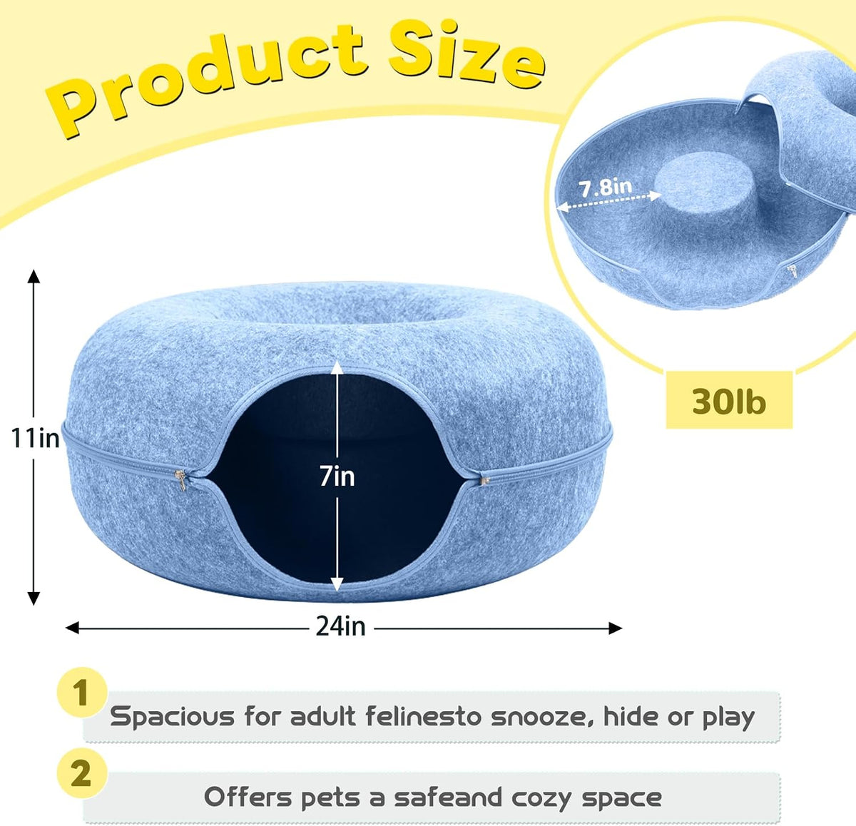Cat Caves for Indoor Cats, Large Cat Tunnel for Multiple & Large Cats, Scratch Detachable Cave Bed, Kitten Donut Kitty Hideaway up to 45 Lbs (Blue, Large, 1 Pack)