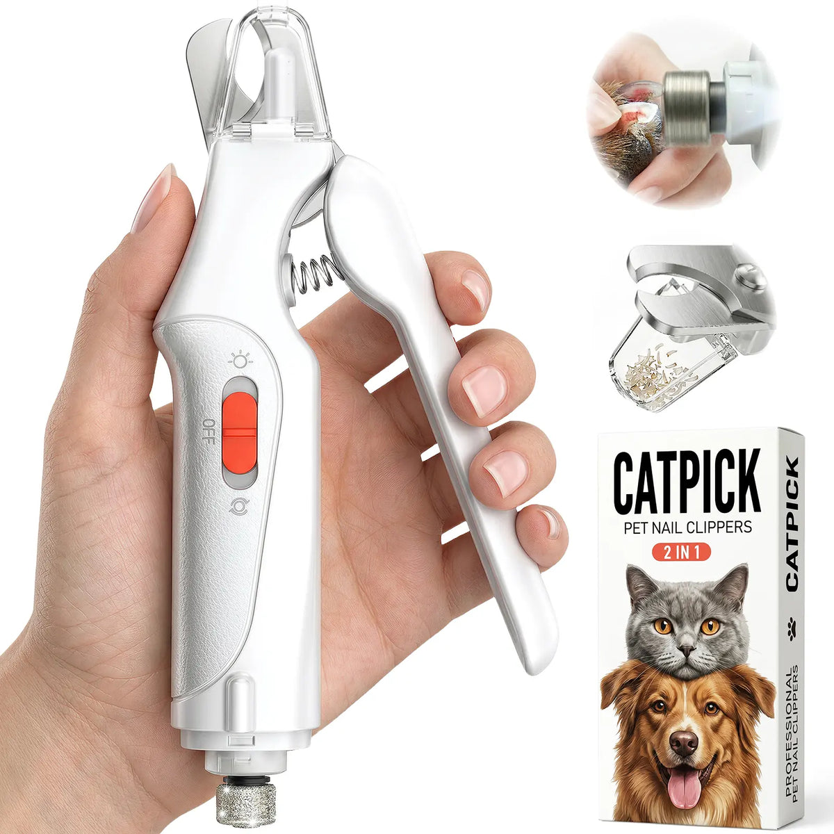Catpick 2-In-1 Rechargeable Pet Grooming Paw Trimmer & Nail File Set with LED Light, Low-Noise Motor for Safe Trimming of Light-Colored Claws on Dogs & Cats of All Sizes