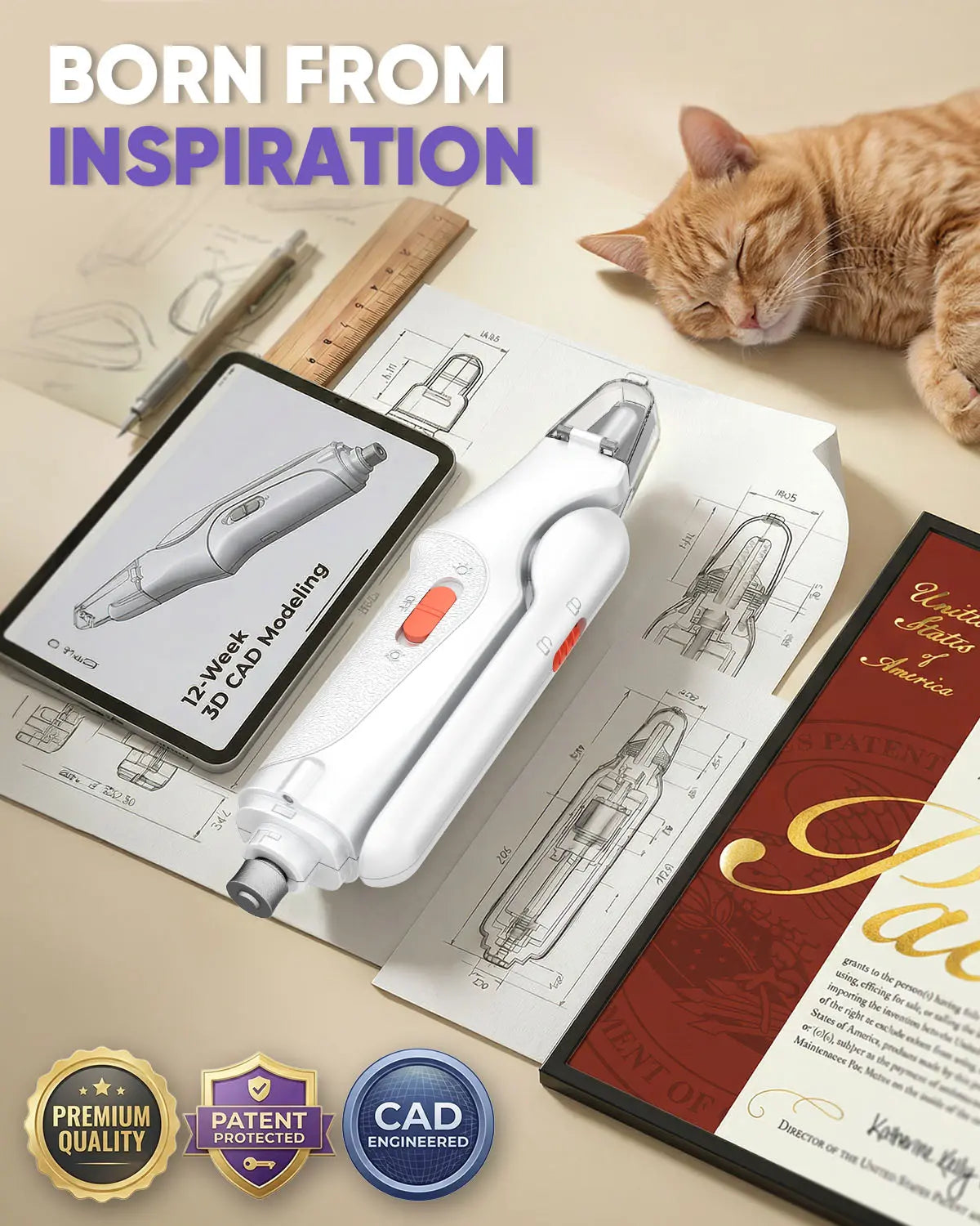 Catpick 2-In-1 Rechargeable Pet Grooming Paw Trimmer & Nail File Set with LED Light, Low-Noise Motor for Safe Trimming of Light-Colored Claws on Dogs & Cats of All Sizes