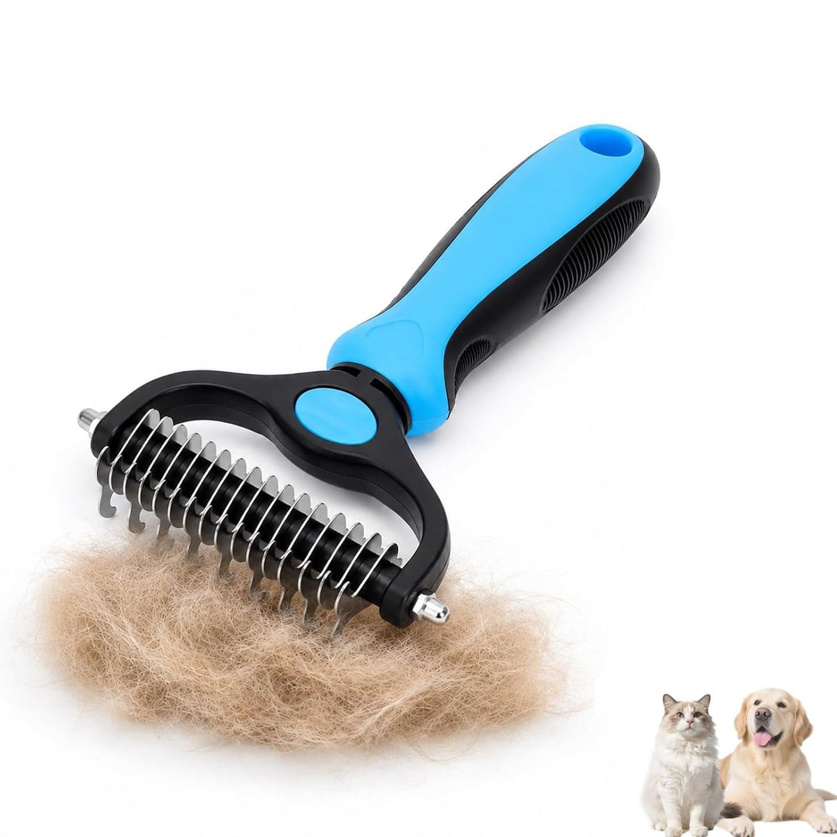 Dematting Comb for Dogs and Cats, Undercoat Pet Brush for Long Hair, Deshedding Brush for Dog Removes Tangles Knots and Loose Fur, 2-In-1 Double Tooth Comb Undercoat Rake Dog Brush