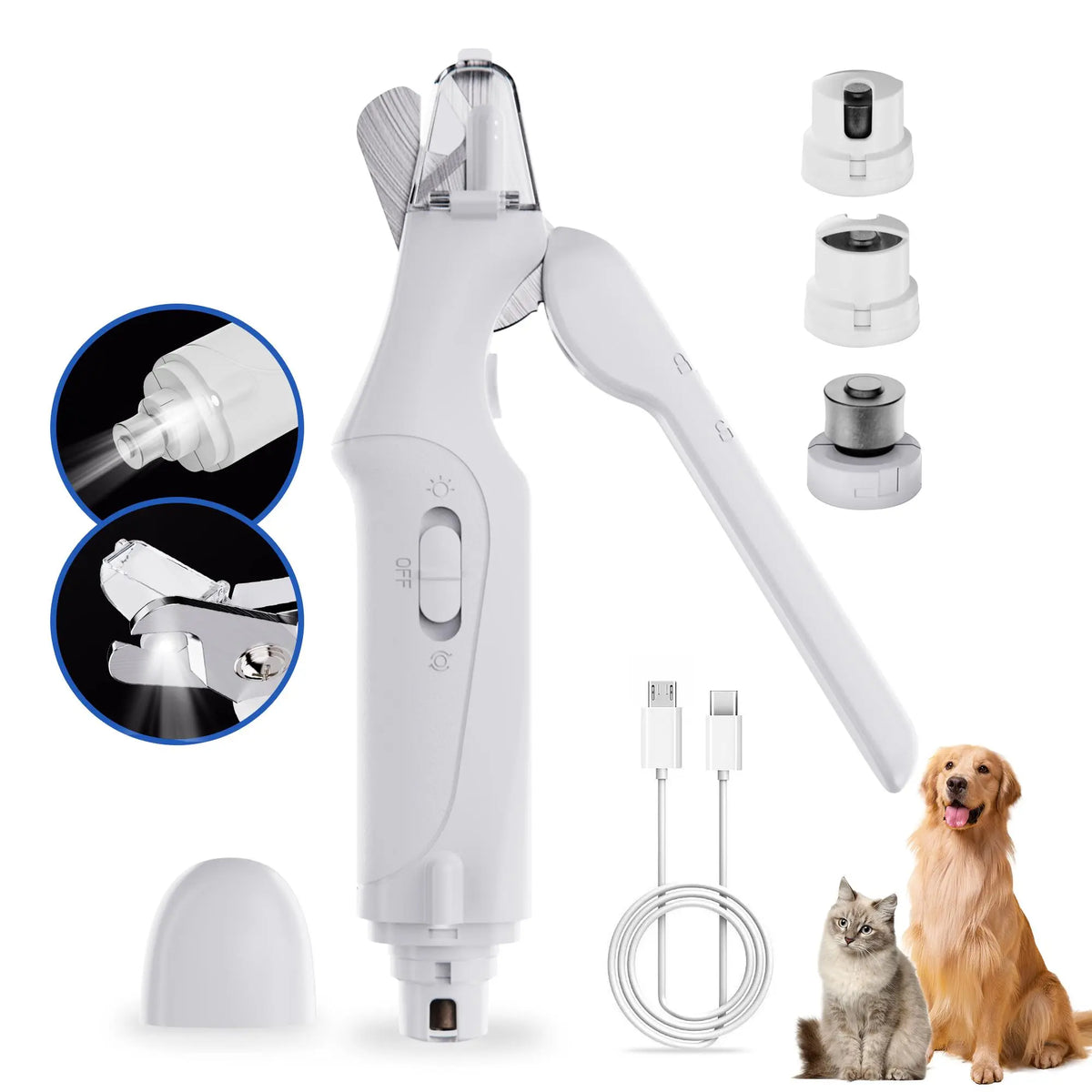 Catpick 2-In-1 Rechargeable Pet Grooming Paw Trimmer & Nail File Set with LED Light, Low-Noise Motor for Safe Trimming of Light-Colored Claws on Dogs & Cats of All Sizes