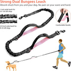 Hands Free Dog Running Leash with Waist Belt, Dual Handle Elastic Bungees Retractable Rope for Medium and Large Dogs, Reflective Stitches for Walking Hiking Biking (Large Pink, 25-120Lb
