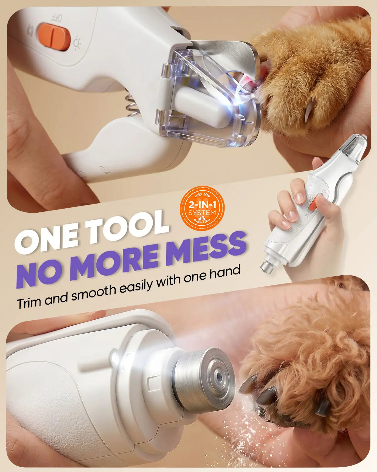Catpick 2-In-1 Rechargeable Pet Grooming Paw Trimmer & Nail File Set with LED Light, Low-Noise Motor for Safe Trimming of Light-Colored Claws on Dogs & Cats of All Sizes