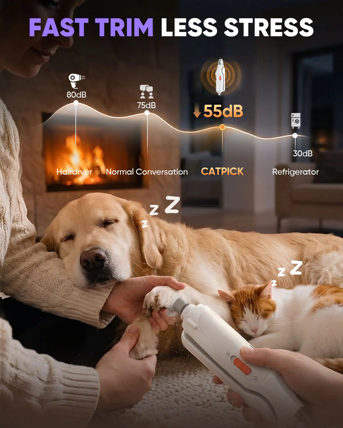 Catpick 2-In-1 Rechargeable Pet Grooming Paw Trimmer & Nail File Set with LED Light, Low-Noise Motor for Safe Trimming of Light-Colored Claws on Dogs & Cats of All Sizes